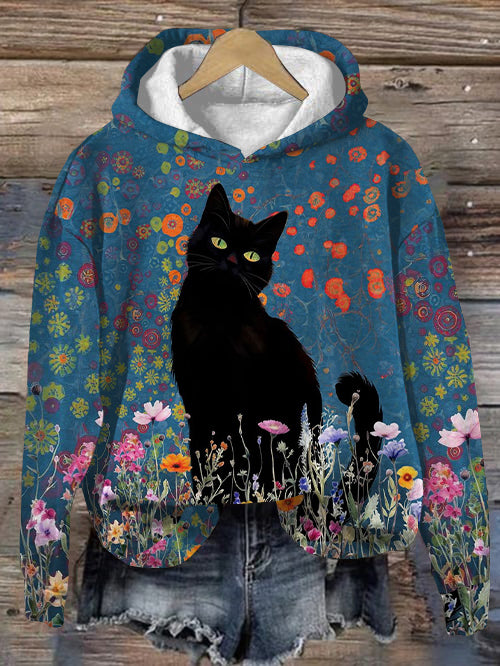 Women‘S Black Cat & Flowers Art Printing Casual Hoodie elevenforest