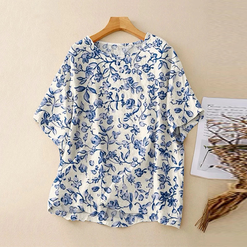 Women's Vintage Floral Art Print Lines T-shirt artswardrobe