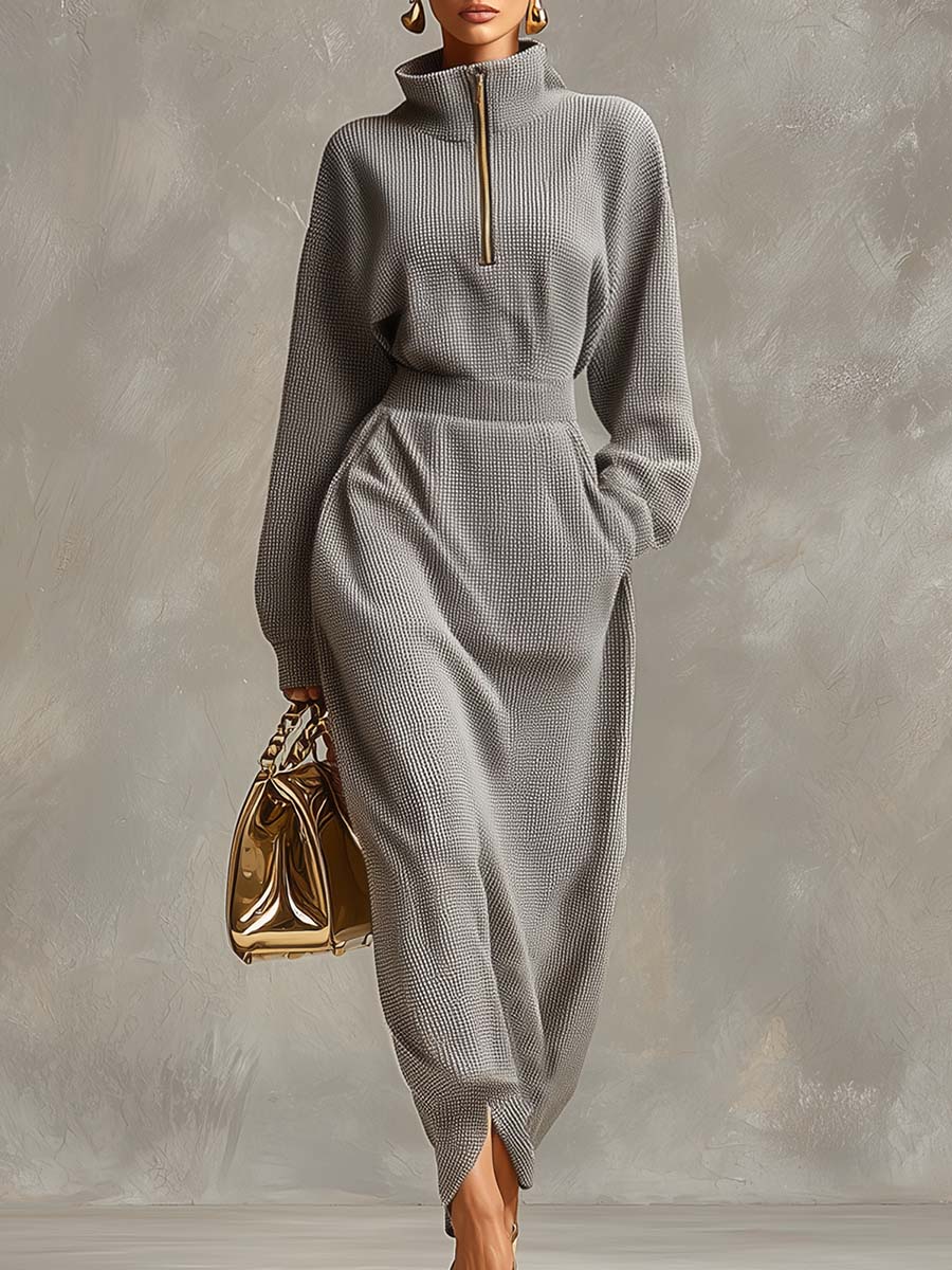 Exquisite Casual Lapel Front Zipper Long Sleeve Light Gray Waffle Fabric Maxi Dress
