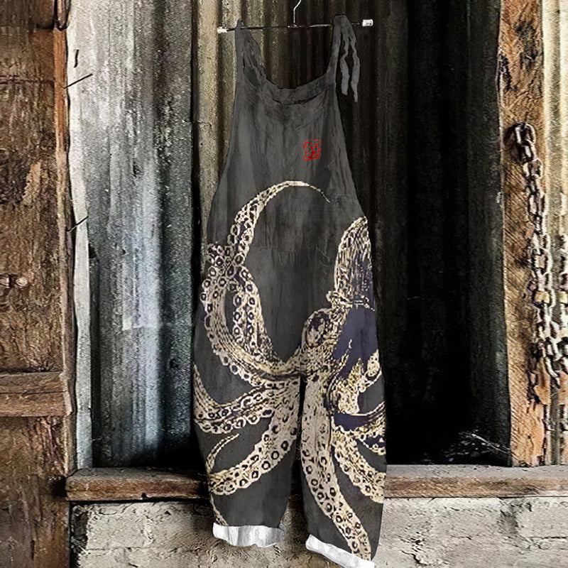 Comstylish Vintage Japanese Octopus Linen Blend Loose Casual Jumpsuit