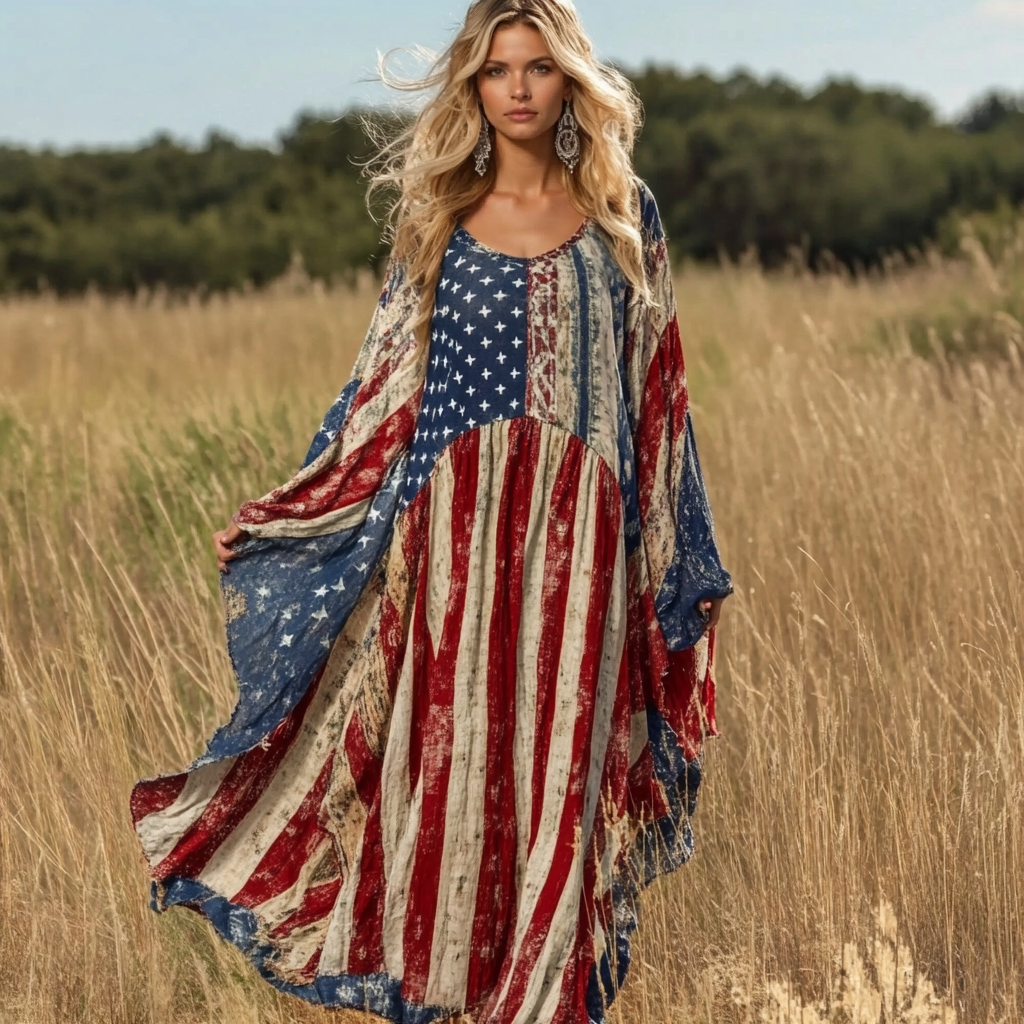Nomad Spirit Ladies' Independence Day American Flag Art Linen Long Kaftan Dress artswardrobe