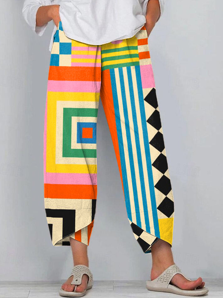 Comstylish Women's Abstract Art Geometric Pattern Linen Blend Pants