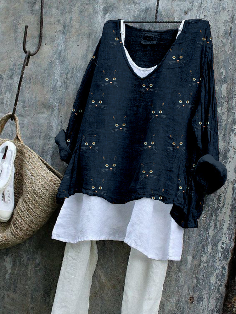 Cute Cat Face Pattern Cozy Flowy Tunic elevenforest
