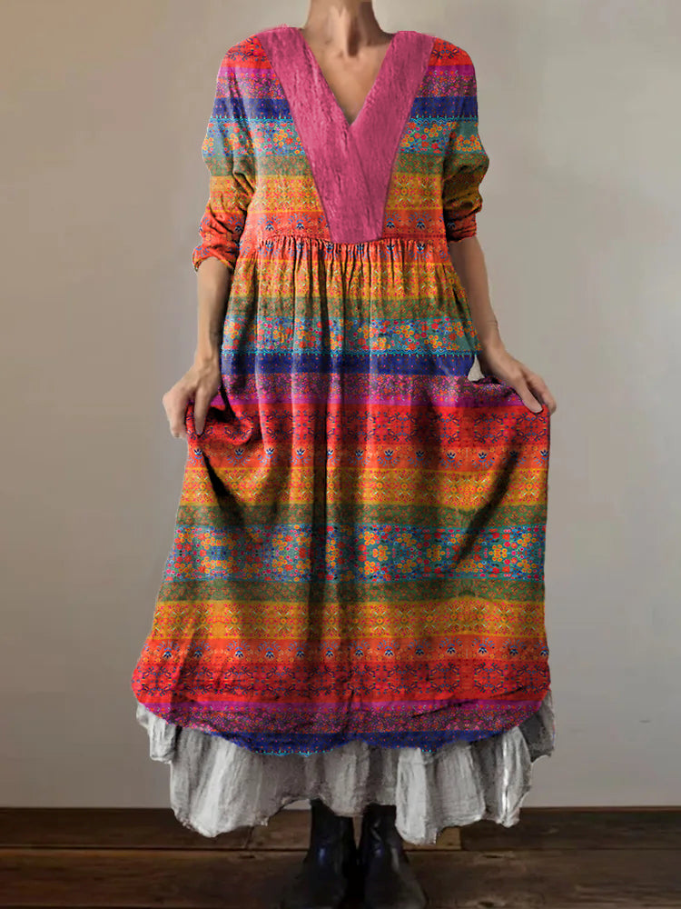 Women's Vintage Floral Art Print V-Neck Button Pocket Cotton Dress