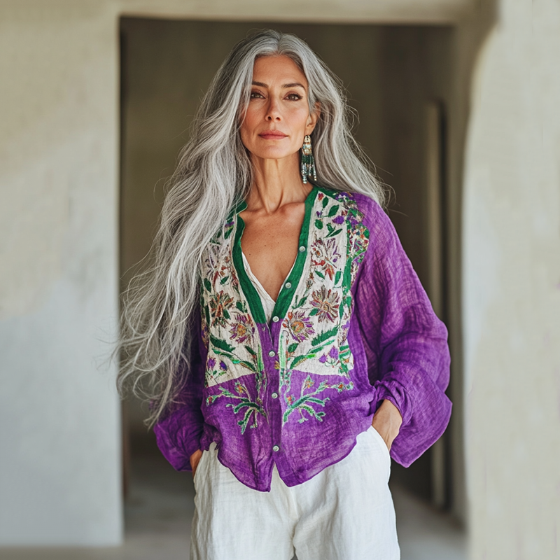 Bohemian Linen Floral Art Print Long Sleeve Loose Shirt artswardrobe