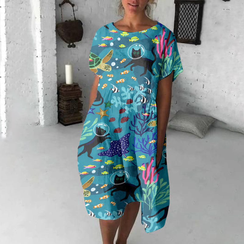 Comstylish Cute Cat Underwater World Art Linen Blend Loose Casual Midi Dress