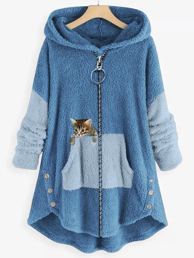 LM | Cozy fleece hooded jacket with adorable cat print