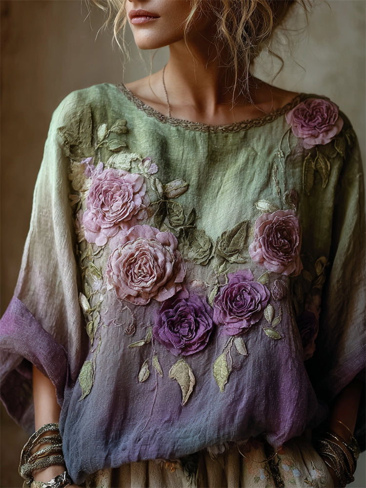 Vintage Roses Fiber Art Gradient Flowy Linen Tunic artswardrobe