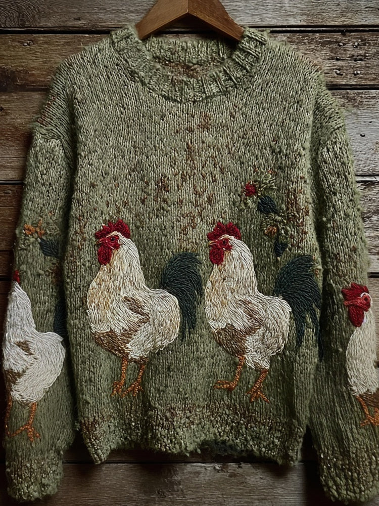 Vintage Roosters Embroidered Crew Neck Cozy Knit Sweater elevenforest