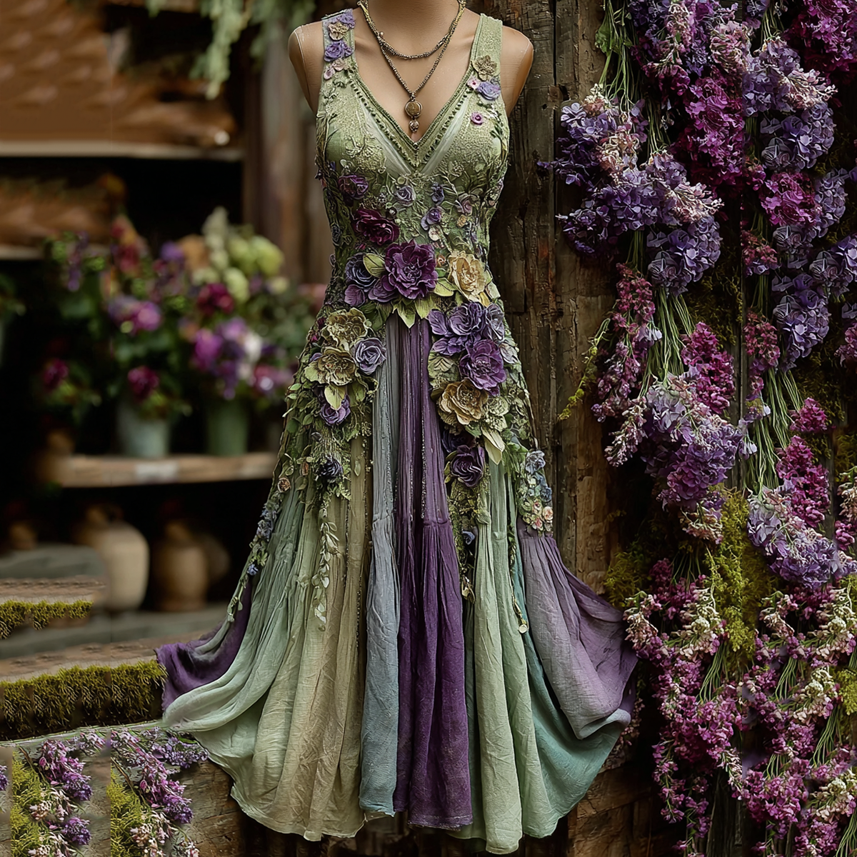 Vintage Classy Gradient Purple Lavender And Floral Embroidered Pattern Linen V Neck Maxi Dress