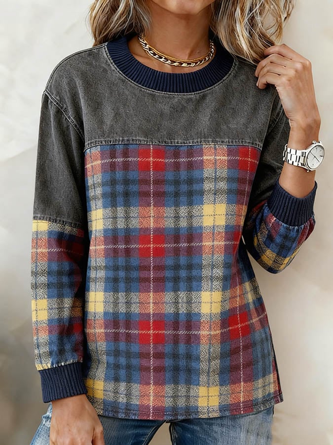 Women's Casual Plaid Contrast Color Stitching Sweatshirt