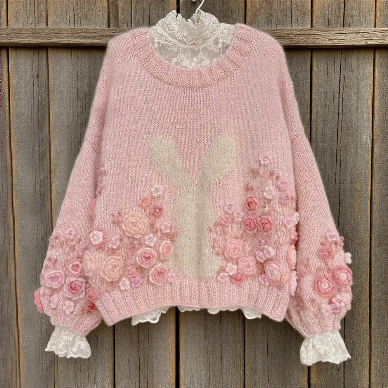 Women's Boho Bunny And Rose Embroidery Knit Crew Neck Sweater elevenforest