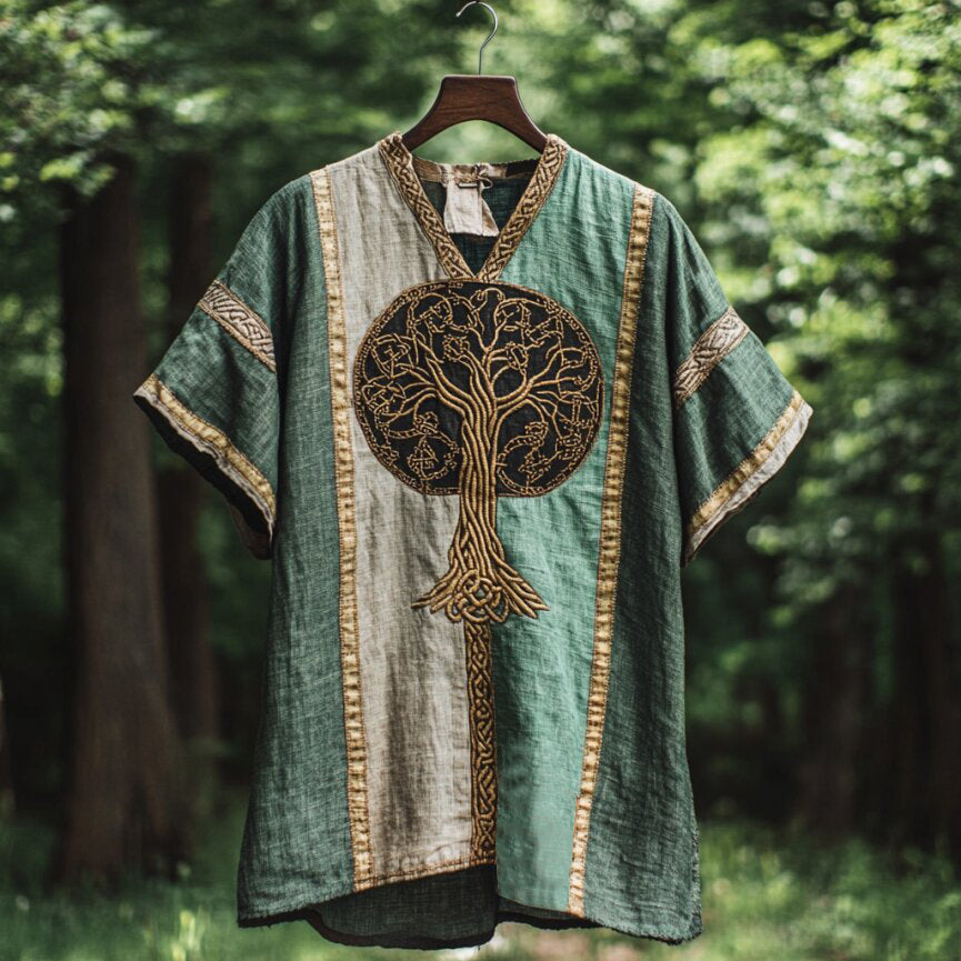 Men's Viking Celtic Knot Tree Of Life Art Patchwork Linen T Shirt artswardrobe