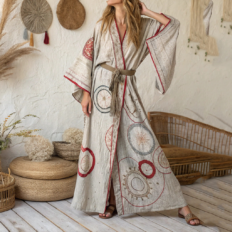 Women's Vintage Art Linen V-neck Robe artswardrobe