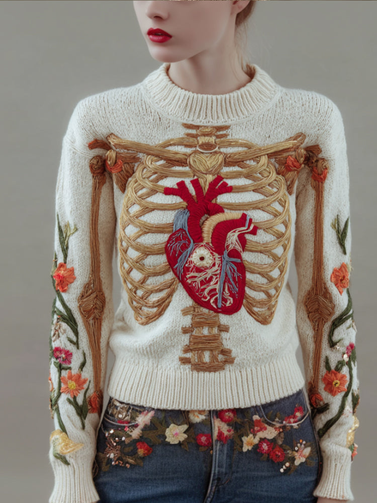 Women's Halloween Anatomy Art And Flower Vintage Round Neck Sweater artswardrobe