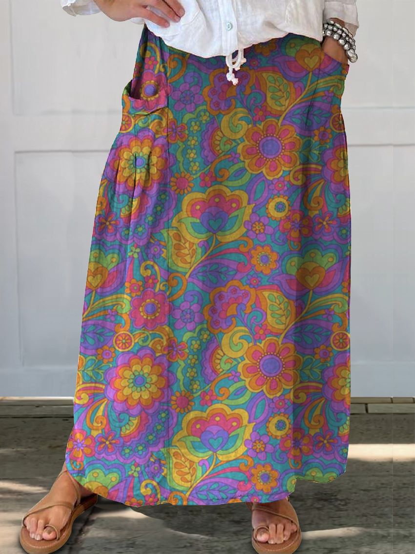 Women's Floral Linen Pocket Half Skirt