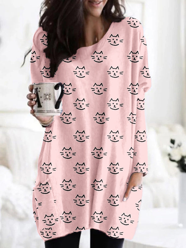 Sweet Cats Pattern Patch Pocket Comfy Tunic elevenforest