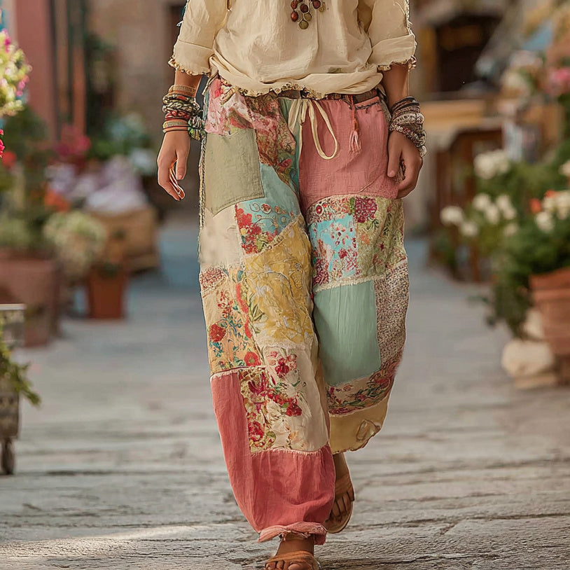 Classic Retro Rose And Floral Patchwork Art Linen Pants artswardrobe