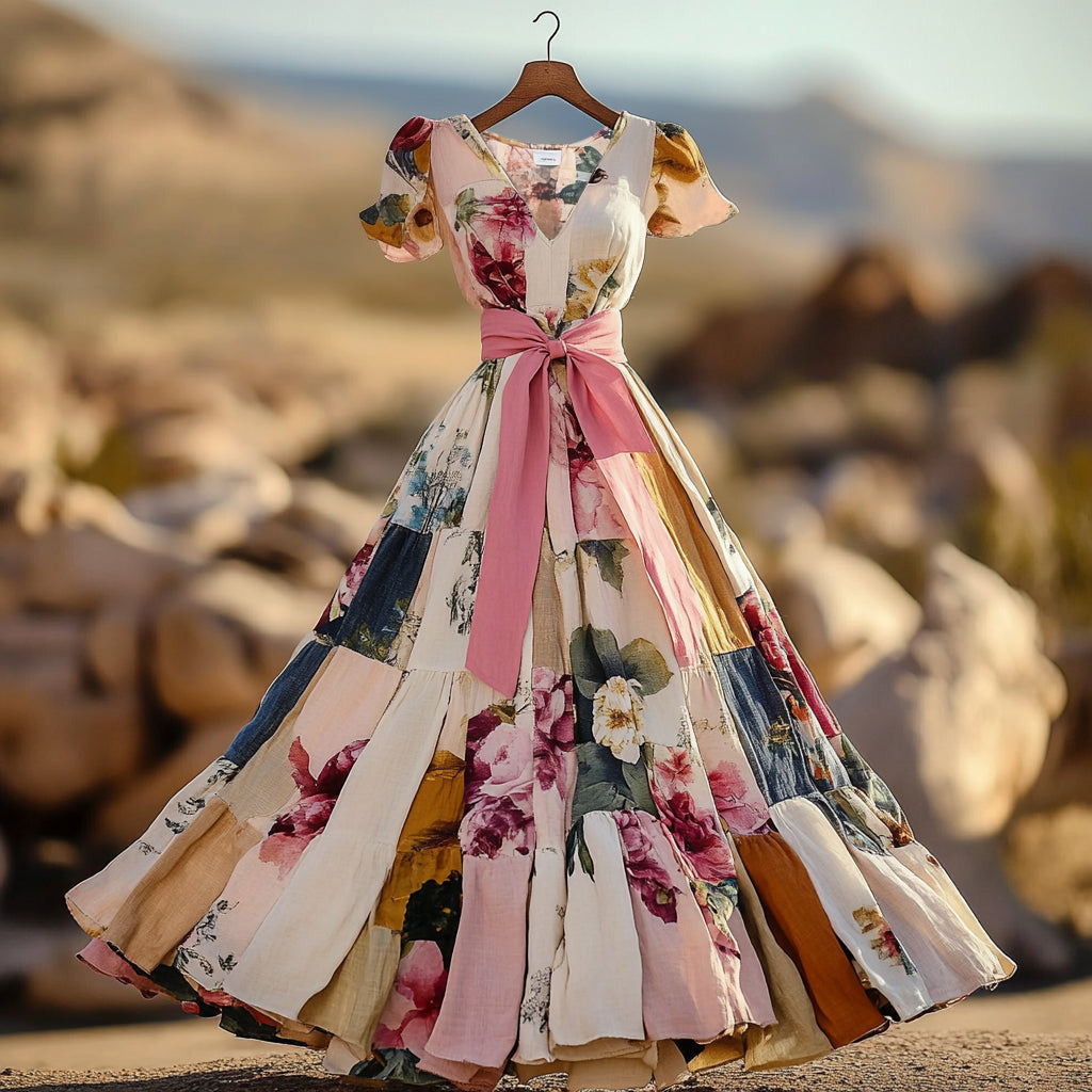 Vintage Floral Patchwork Art Pattern Art V-neck Midi Dress