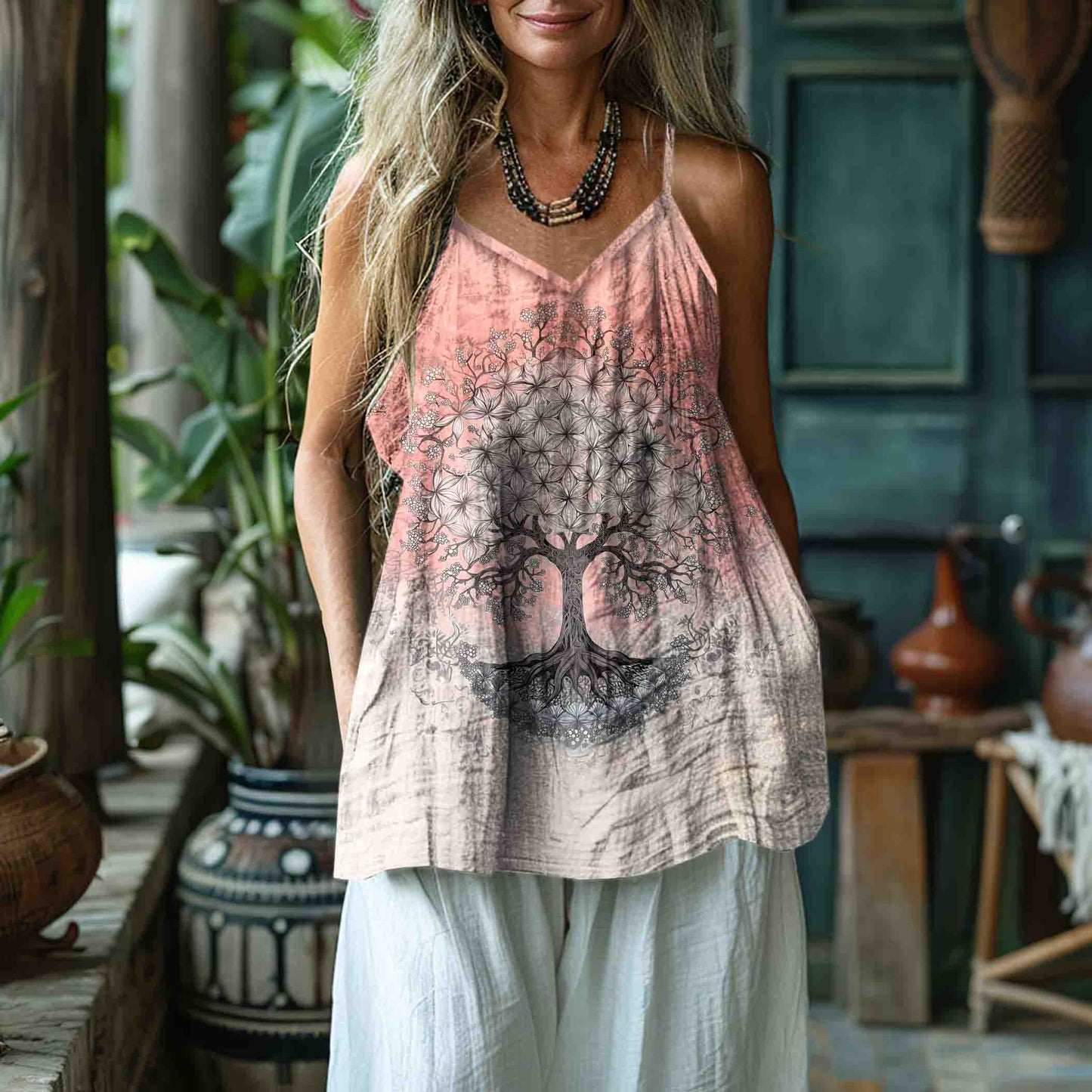 Women's Retro Viking Tree Of Life Art Gradient Style Linen Art Linen And Cotton Camisole artswardrobe
