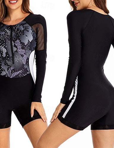 Rash Guard One Piece Swimsuit Printed Front Zip Uv Sun Protection Upf50+ Quick Dry Long Sleeve Swimwear Bathing Suit Surfing Beach Water Sports Summer