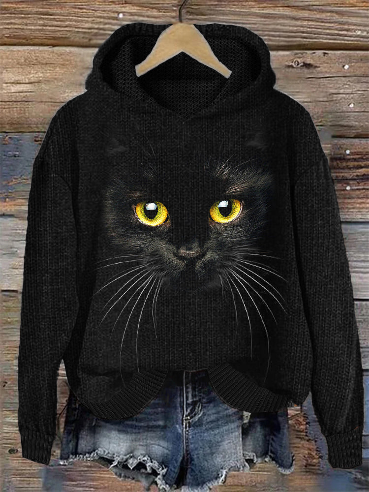 Black Cat Face Cozy Knit Hoodie elevenforest