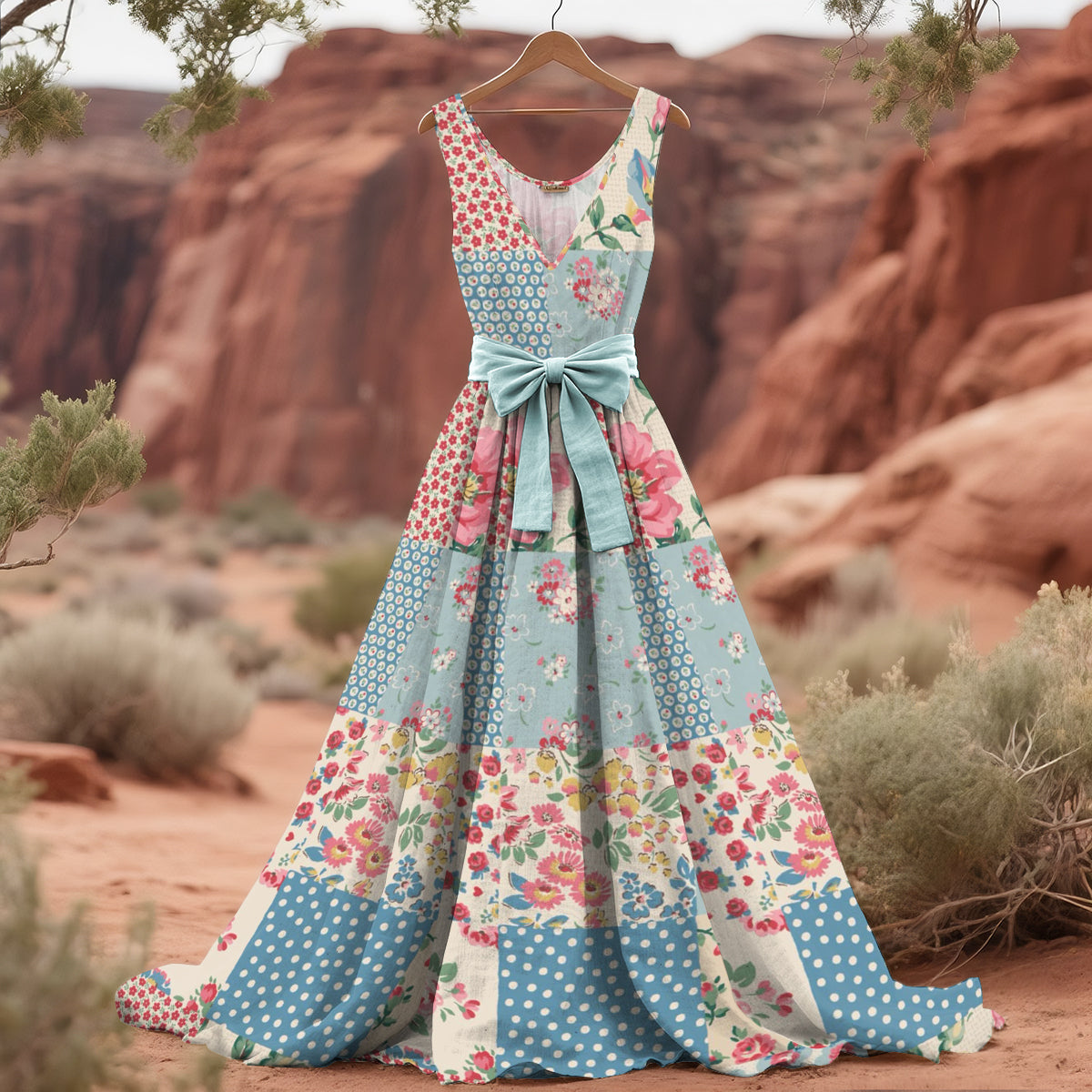 Women's Vintage Floral Patchwork Art Linen Tank Midi Dress(belt Not Included) artswardrobe