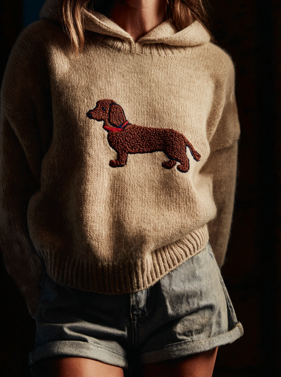 Classic Fuzzy Dachshund Dog Felt Cozy Knit Hooded Sweater artswardrobe