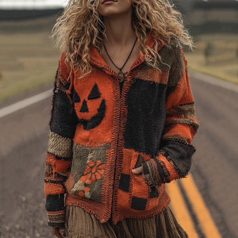 Patchwork Halloween Pumpkin Face Art Cozy Knit Hooded Cardigan artswardrobe