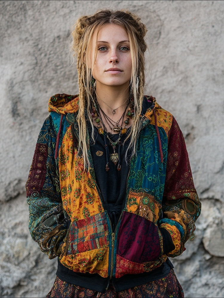 Comstylish Bohemian Hippie Patchwork Vintage Zip Up Cozy Hoodie