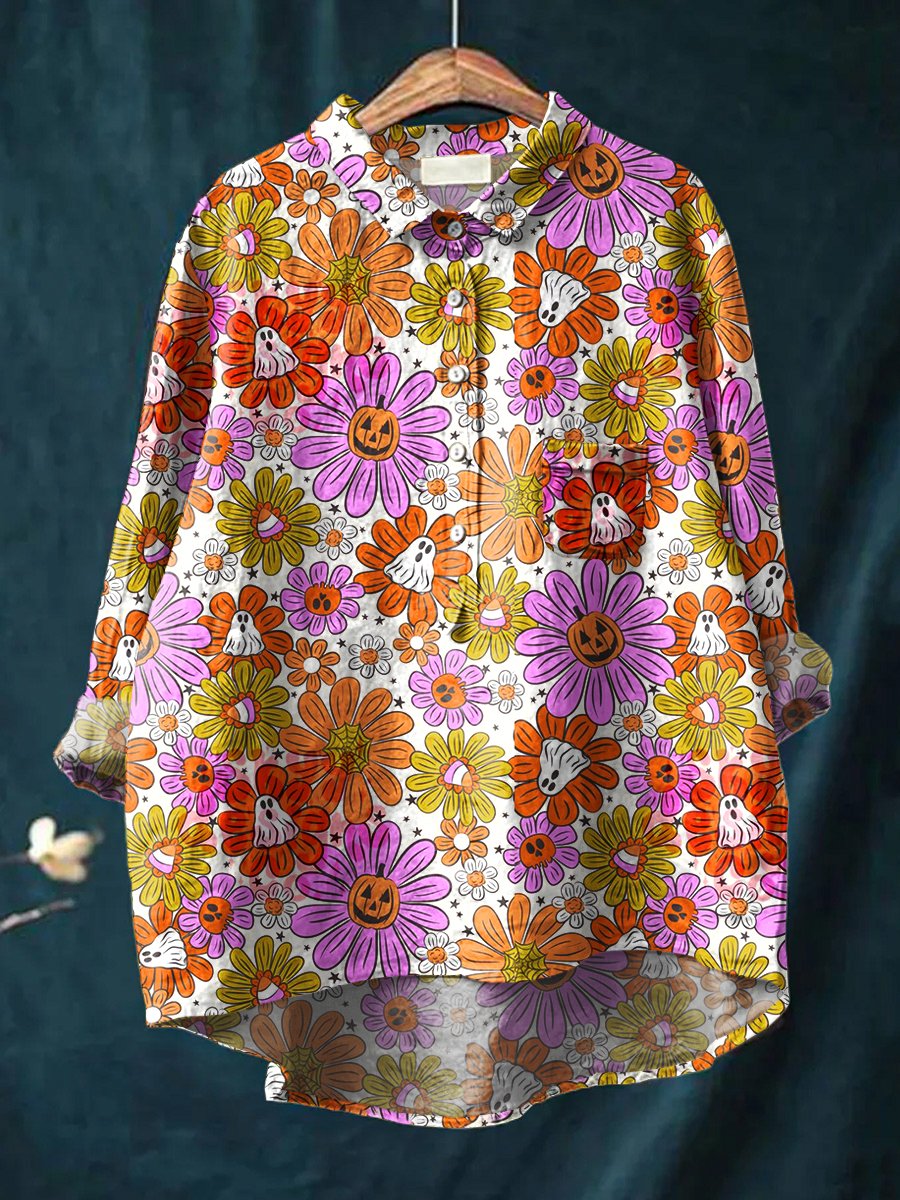 Women's Funny Ghost Floral Art Print Casual Cotton And Linen Shirt