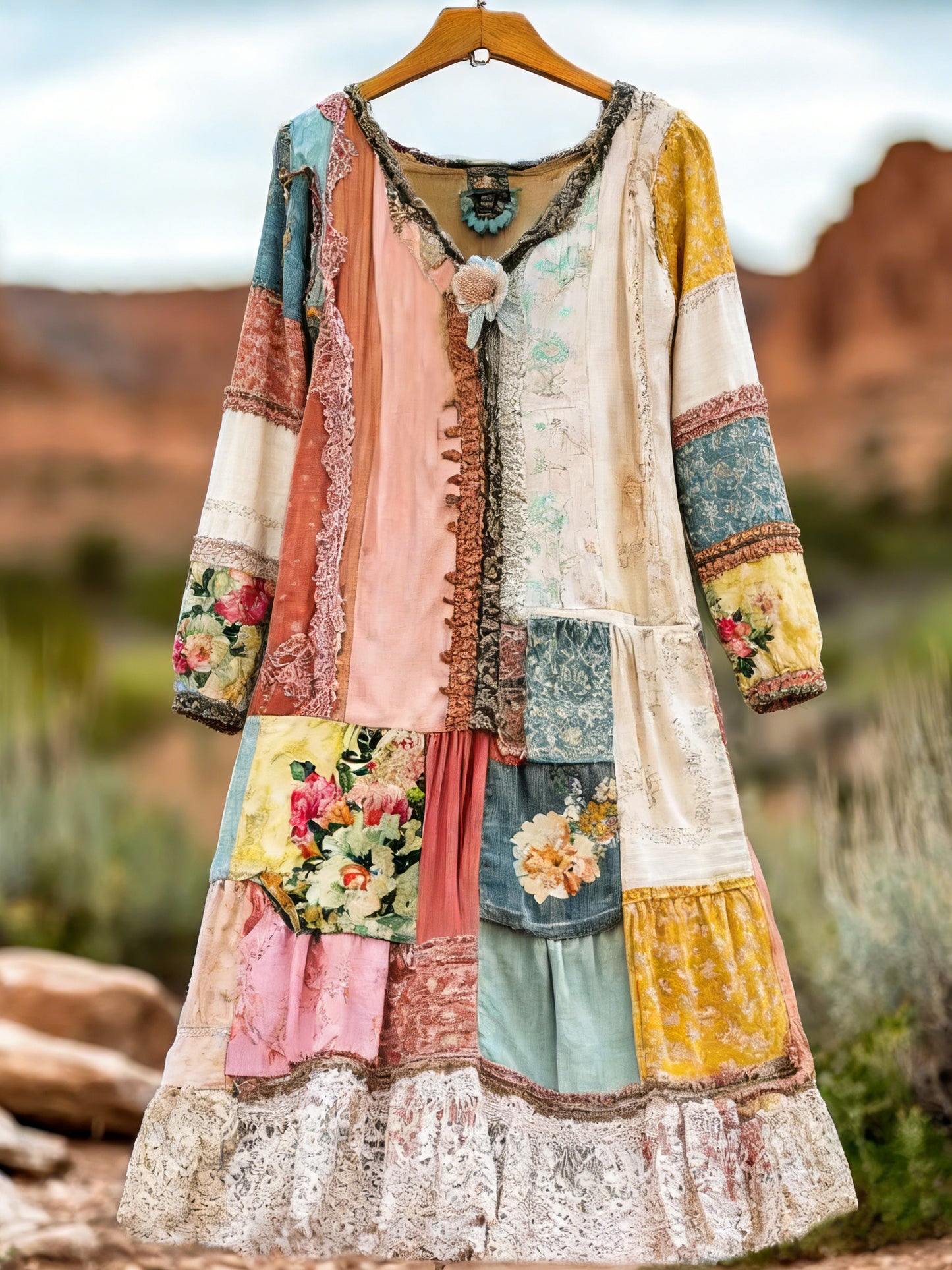Women's Retro Bohemian Floral Casual V-neck Long Sleeve Dress