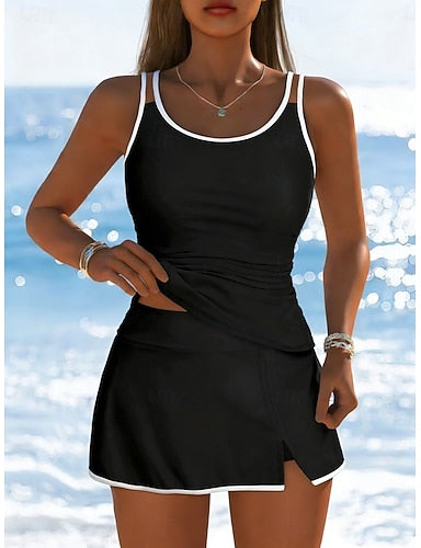 Swimwear Tankini 2 Piece Skirt Swimsuit Tummy Control High Waist Slim Backless Vacation Beach Wear Color U Neck Sleeveless Bathing Suits