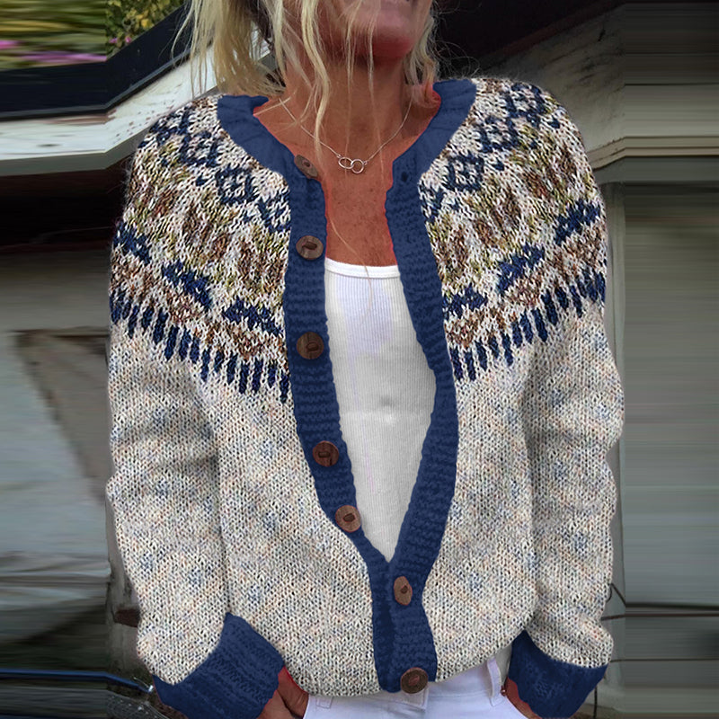 Vintage Geometry Contrast Jacquard Button Cozy Sweater elevenforest