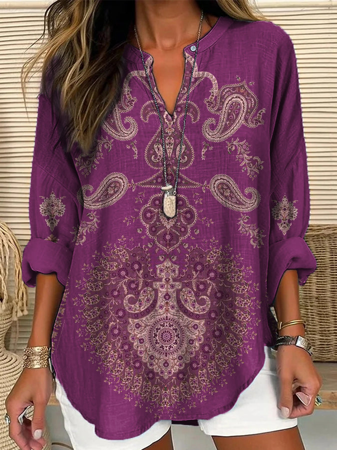 Comstylish Ethnic Bohemian Floral Women's Casual Linen Blend Shirt