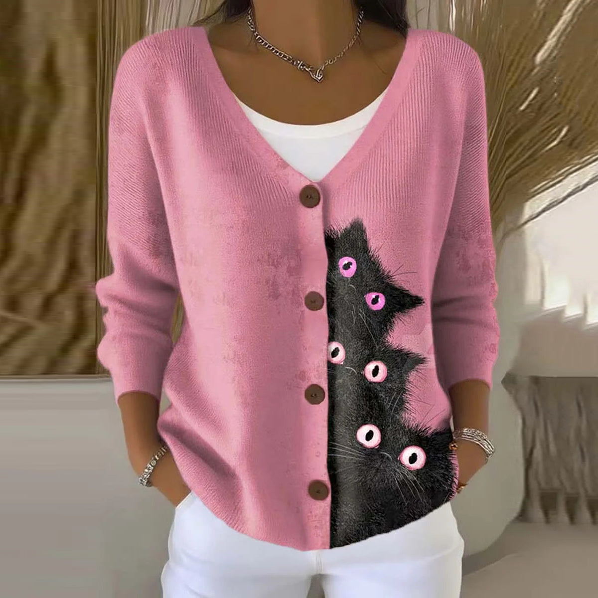 Comstylish Funny Cats Art Print Buttoned V-neck Cardigan Sweater