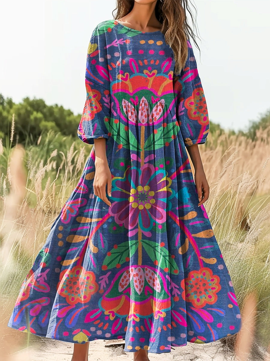 Women's Bohemian Floral Art Print Flowy Cotton Crew Neck Dress