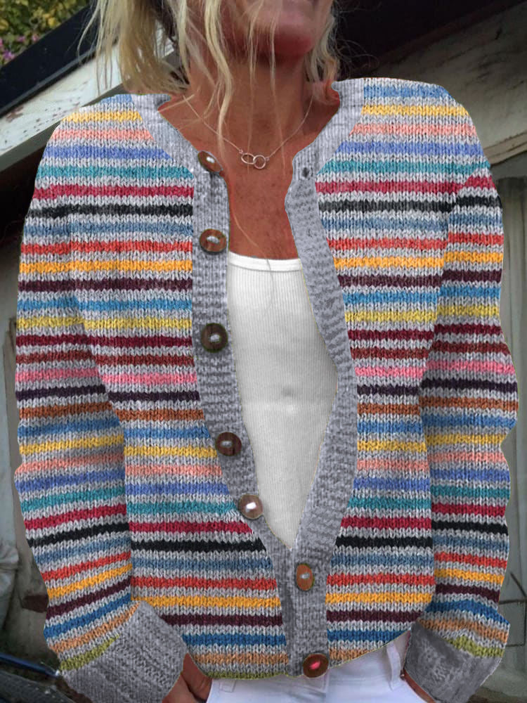 Vintage Striped Pattern Cozy Knit Icelandic Cardigan elevenforest
