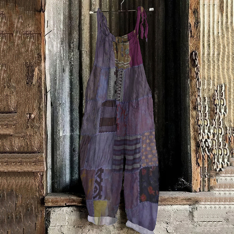 Women's Bohemian Style Patchwork Linen Print Cotton Linen Jumpsuit artswardrobe