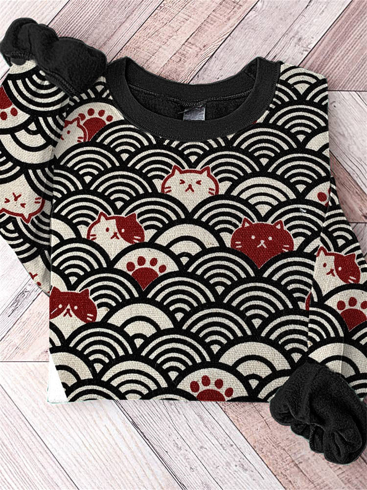 Japanese Art Wave and Cat Print Vintage Sweatshirt elevenforest