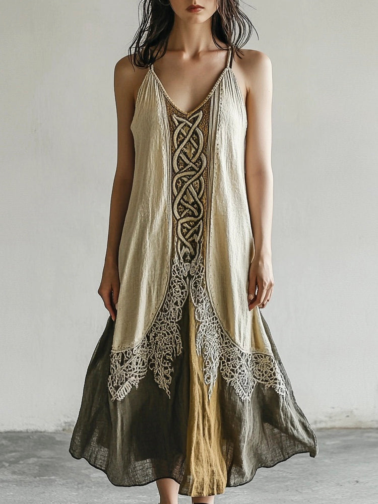 Vintage Celtic Knot Gradient Lace Linen Halter Dress artswardrobe