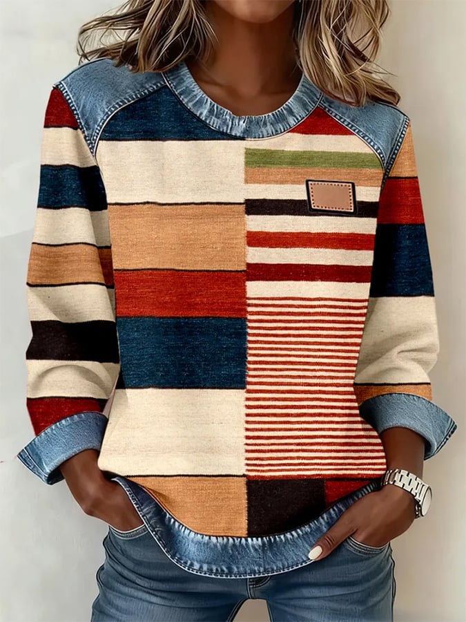 Women'S Casual Round Neck Contrast Color Stitching Pullover Sweatshirt