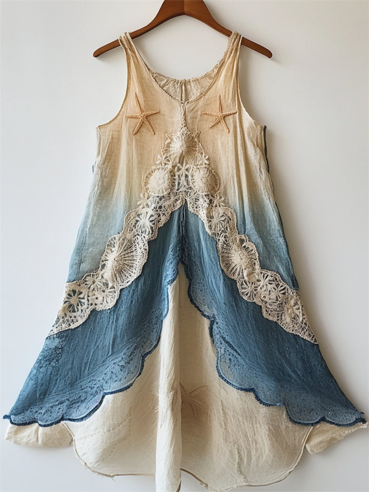 Starfish Embroidered Sea Shell Lace Waves Gradient Flowy Linen Dress artswardrobe