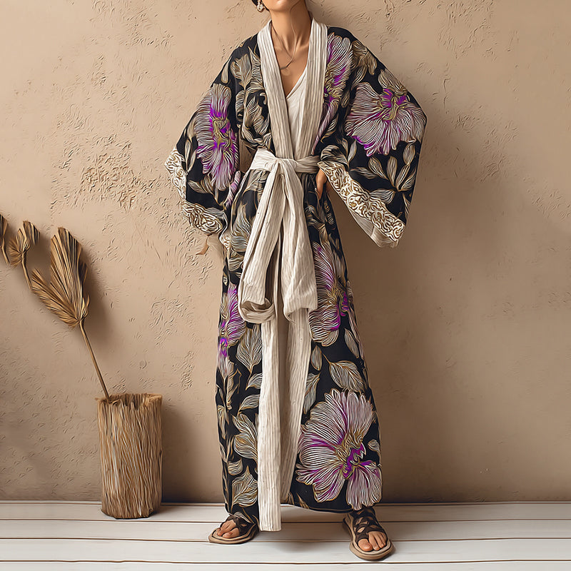 Women's Floral Art Linen V-neck Robe artswardrobe