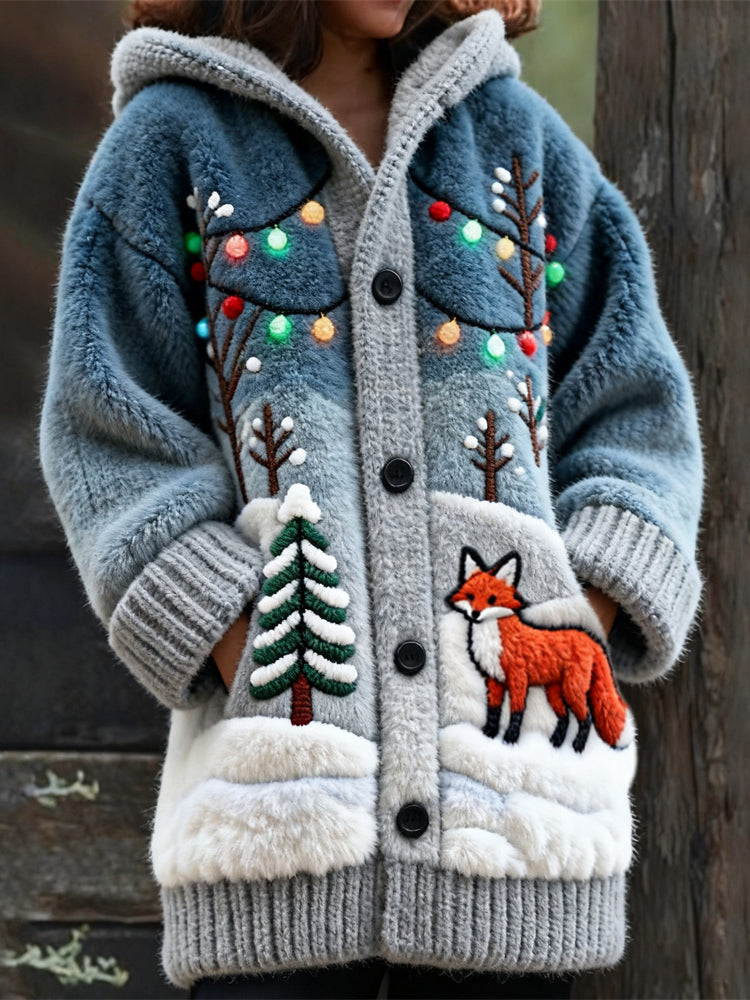 Comstylish Christmas Forest Fox Women's Knit Hooded Cardigan