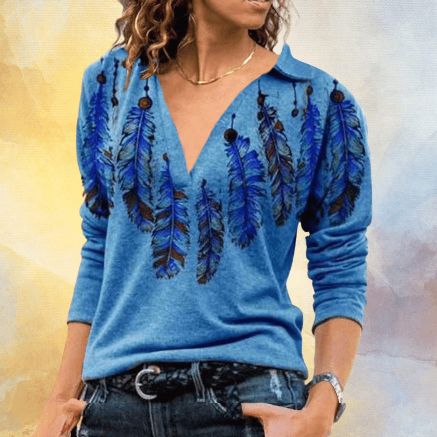LM | Blue sweater with feather pattern