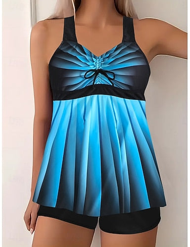 Tankini 2 Piece Swimsuit Colorblock Shorts Tummy Control High Waist Slim Backless Vacation Beach Wear Ombre Geometric V Neck Sleeveless Bathing Suits