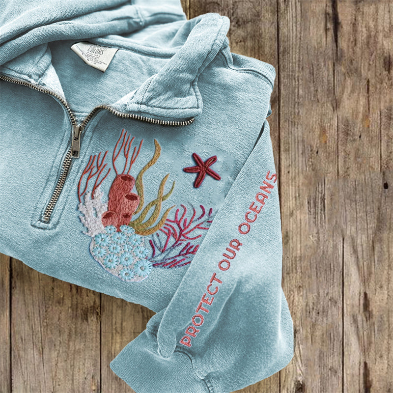 Comstylish Protect Our Oceans Coral Embroidered Zip Up Sweatshirt