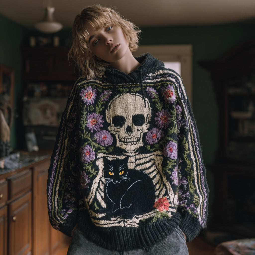 Women's Skull And Black Cat Knitted Jacquard Hooded Sweater