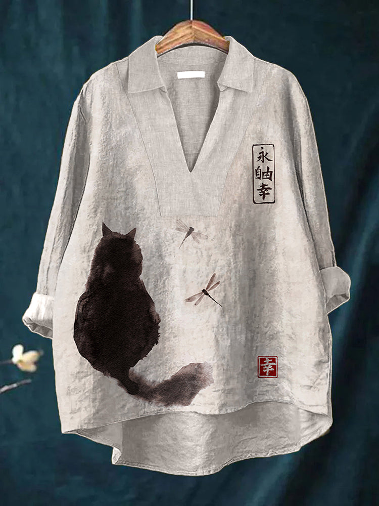 Japanese Art Cat Print Linen Shirt artswardrobe